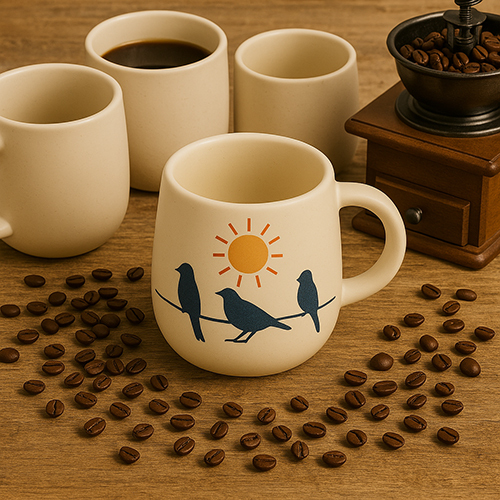Golden Dawn Mug -Handcrafted Ceramic Mug With Sun And Birds On A Wire Illustration - Color: Brown