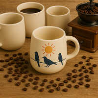 Golden Dawn Mug -Handcrafted Ceramic Mug With Sun And Birds On A Wire Illustration