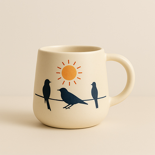 Golden Dawn Mug -Handcrafted Ceramic Mug With Sun And Birds On A Wire Illustration - Color: Brown