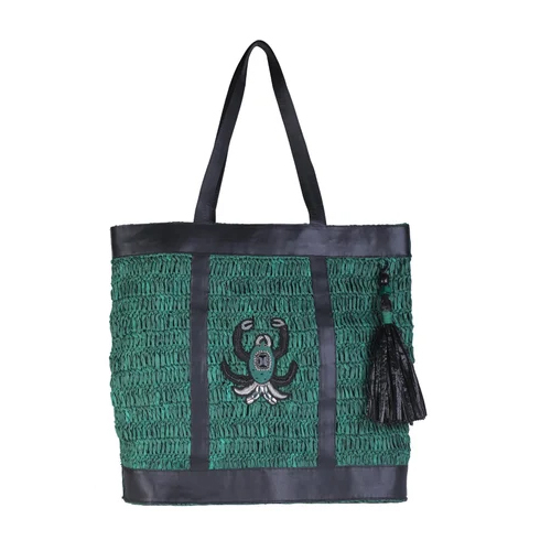 Crochet Green Color Raffia Shoulder Bag - Design: Embroidery