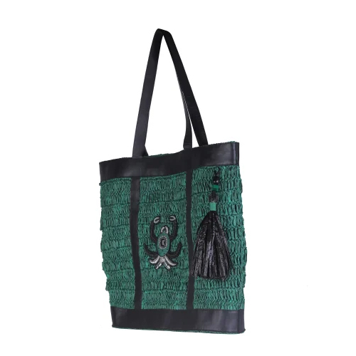 Crochet Green Color Raffia Shoulder Bag - Design: Embroidery