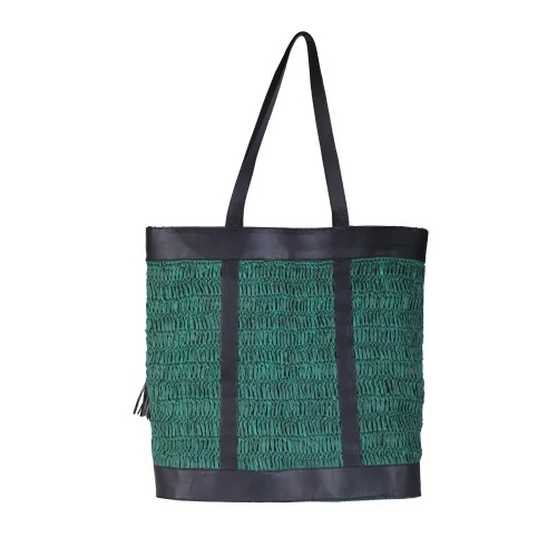 Crochet Green Color Raffia Shoulder Bag - Design: Embroidery