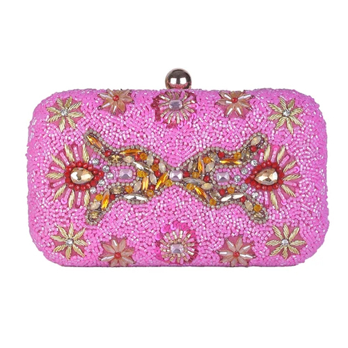Pink Color Beads Embroidered Clutch