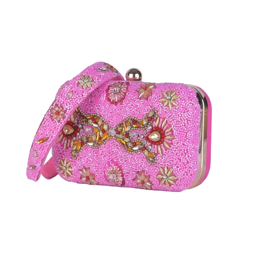 Pink Color Beads Embroidered Clutch