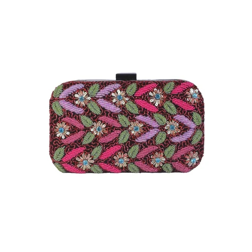 Multi Color Beads Leaf Embroidered Clutch