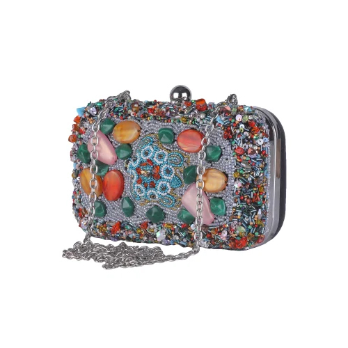 Multi Color Beads Stone Embroidered Clutch