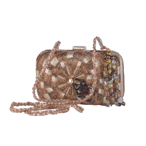 Multi Color Thread Embroidered Clutch - Color: Golden