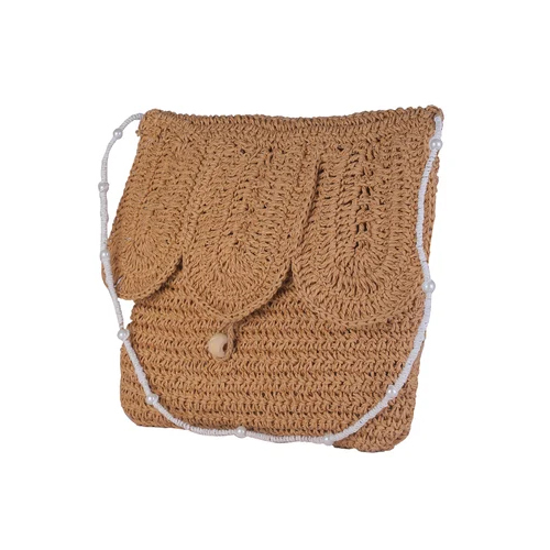 Crocheted Raffia Sling Bag - Color: Brown
