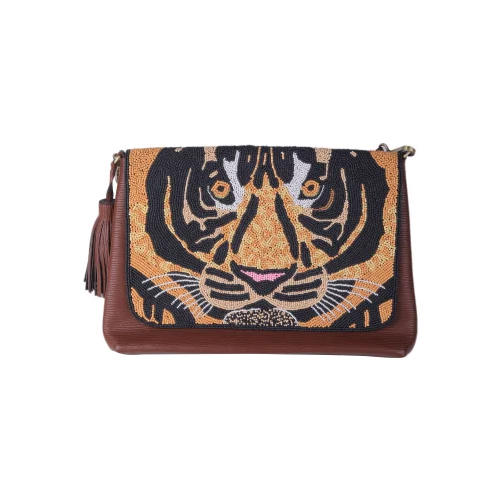 Embroidered Clutch Cross Body Bag - Color: Brown