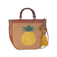 Zari Embroidery Crochet Raffia Tote Bag - Color: Wheat Color