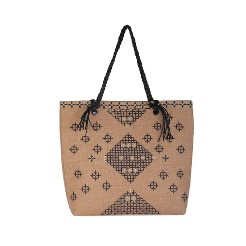 Thread Embroidered Jute Shoulder Bag