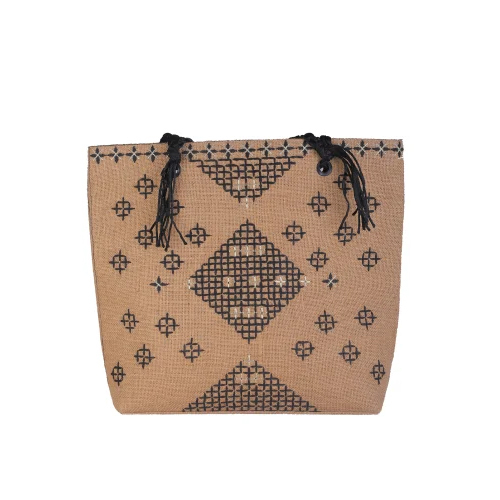 Thread Embroidered Jute Shoulder Bag - Color: Brown