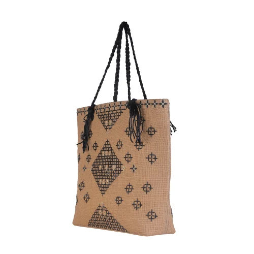 Thread Embroidered Jute Shoulder Bag