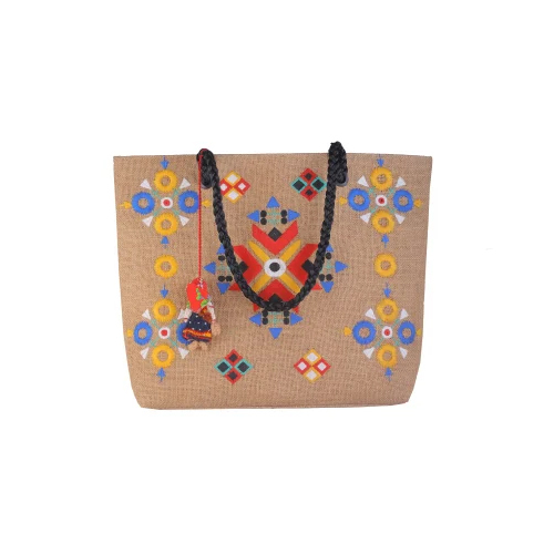 Thread Embroidery Jute Handbag - Color: Multi Colour