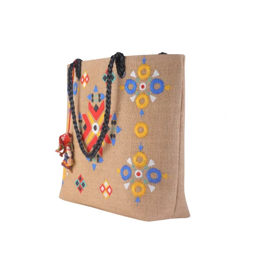 Thread Embroidery Jute Handbag