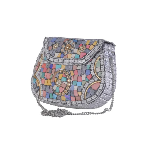 Multicolor Stone Sling Bag - Fabric, 13x18x3 Cm, 52 Cm Handle | Multicolor Embroidery, Zipper Closure, Customizable Color & Design