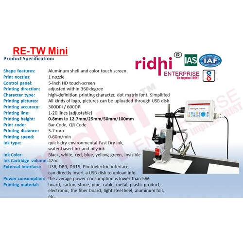 RIDHI TW MINI Water Bottle Batch Coding Inkjet Printer