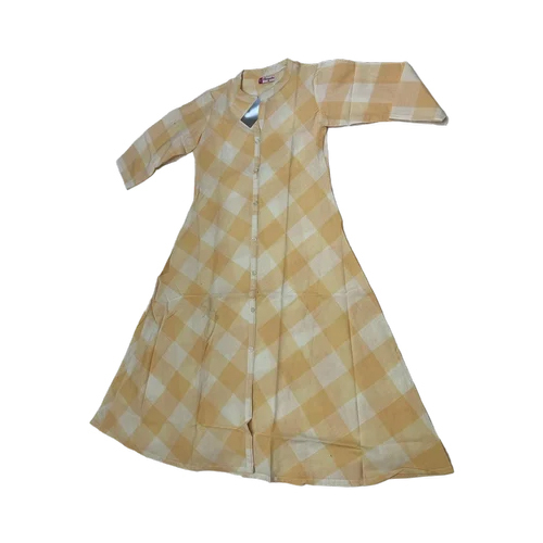 Yellow A Line Check Cotton Kurti