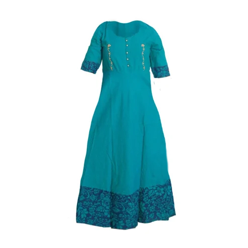 Sea Green Printed Anarkali Cotton Kurti - Color: Blue