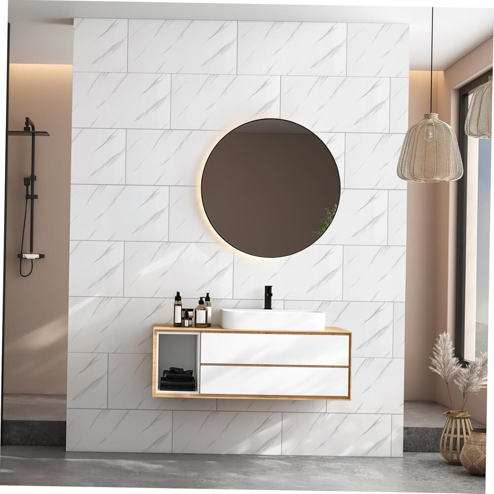 Self Adhesive Vinyl Sheet Marble Peel and Stick White Marble Tile Backsplash for Kitchen, Bathroom
