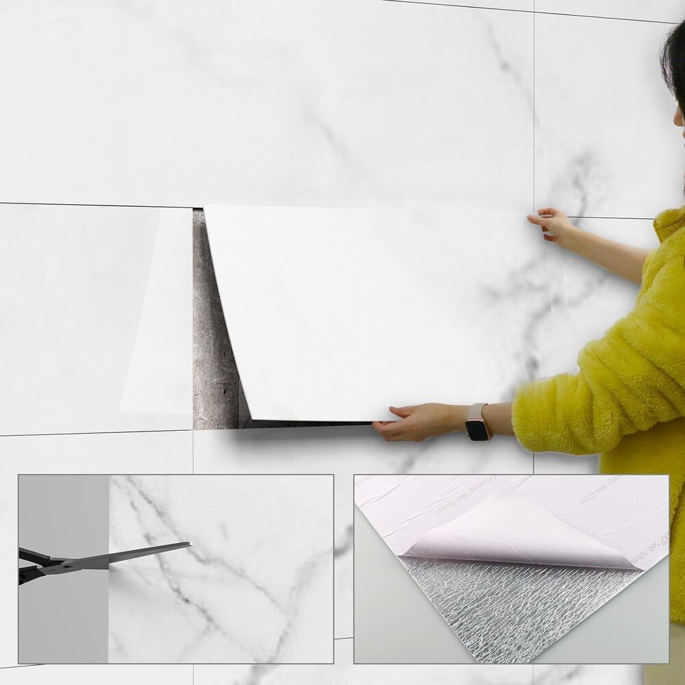 Self Adhesive Vinyl Sheet Marble Peel and Stick White Marble Tile Backsplash for Kitchen, Bathroom
