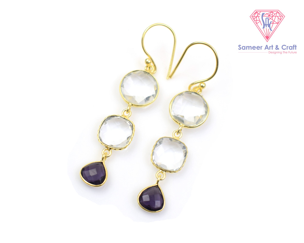 Clear Quartz & Amethyst Gemstone Handmade Gold Plated Hoop Earring - Design: Solitaire