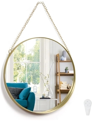 Wall Hanging Mirror With Chain-Gold Round Wall Mirror For Living Room Bedroom - Material: Glass