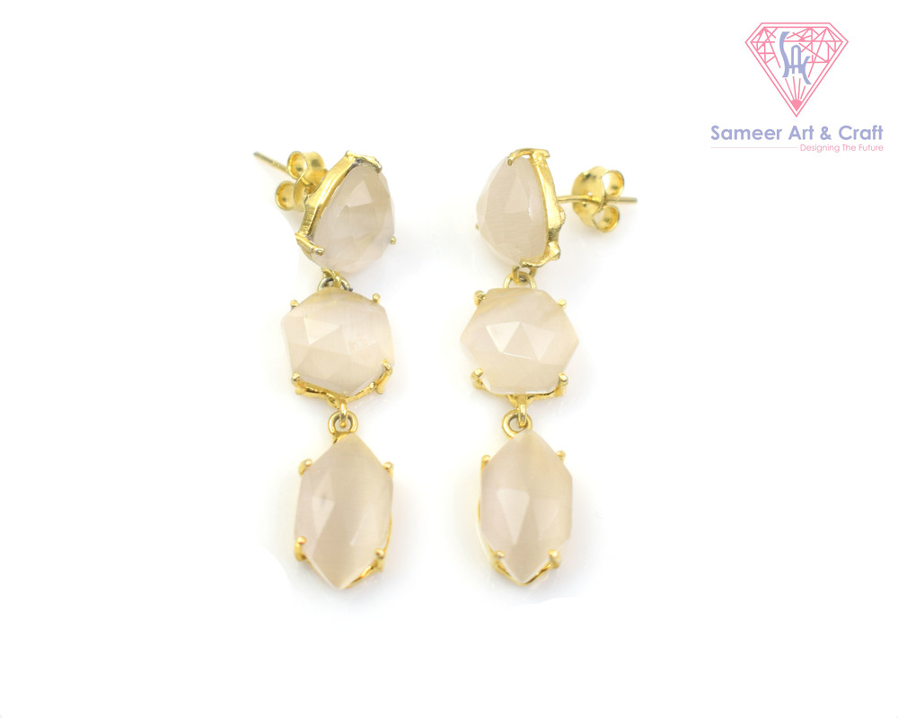 White Monalisa Gemstone Handmade Gold Plated Stud Earring