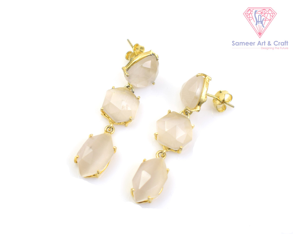 White Monalisa Gemstone Handmade Gold Plated Stud Earring