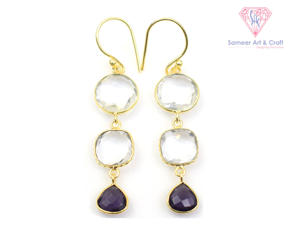 Clear Quartz & Amethyst Gemstone Handmade Gold Plated Hoop Earring - Design: Solitaire