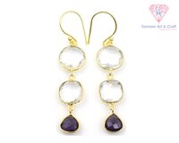 Clear Quartz & Amethyst Gemstone Handmade Gold Plated Hoop Earring