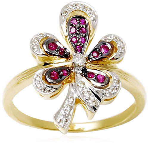 Black Rhodium Ruby Flower Diamond Studded Goldring Grade: Ring