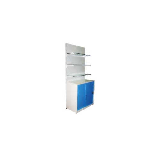 Retail Pharmacy Rack With Bottom Storage - Color: White Blue