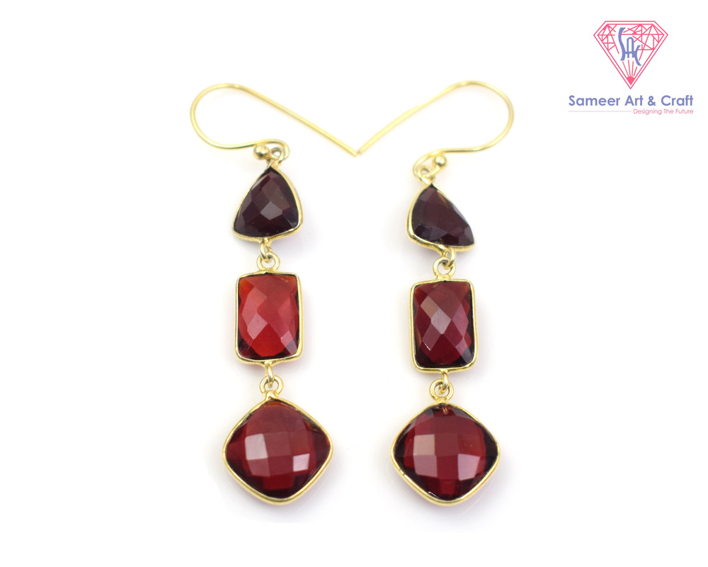 Garnet Gemstone Handmade Gold Plated Hoop Earring