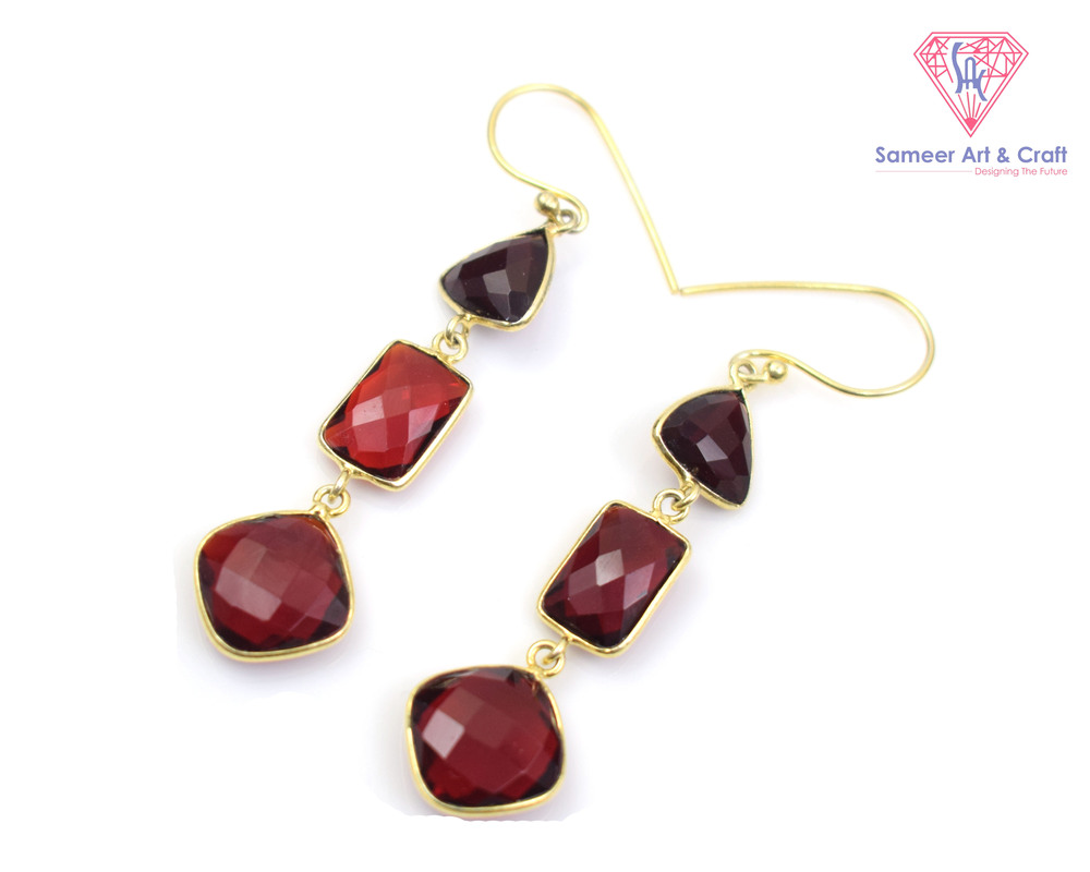 Garnet Gemstone Handmade Gold Plated Hoop Earring