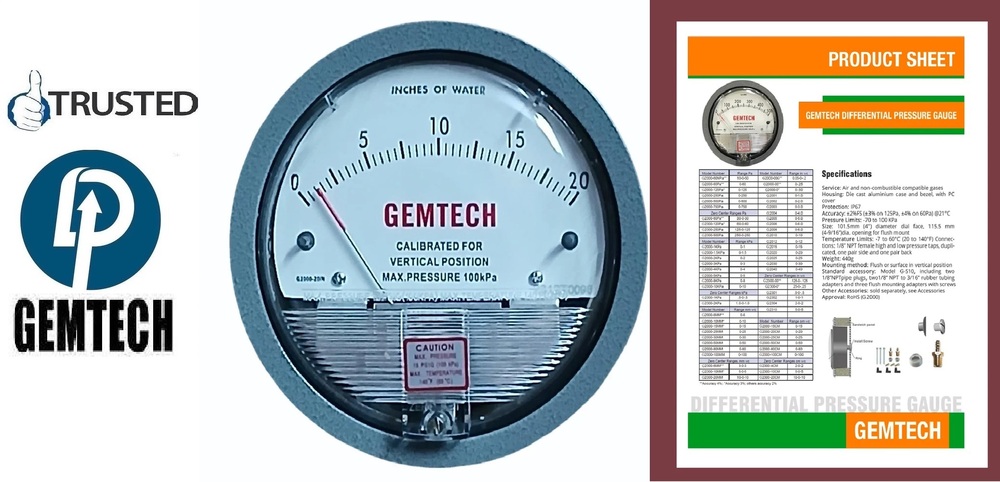 Gemtech Differential Pressure Gauges Model G2300-60 Pascal - Accuracy: A 2% Of Full Span At 70 (21 (A 3% On -0