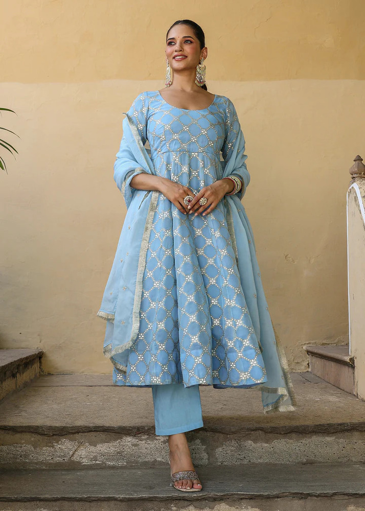 Embroidered Chanderi Suit set with Dupatta