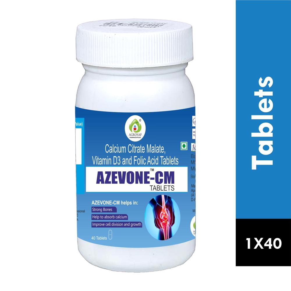 AZEVONE CM TABLET - Each Fil Coated Tablet Contains Calcium Citrate Malate 250 Mg 6.25%, Vitamin D3 ( Cholecalciferol ) 100 Iu 16.66% , Folic Acid 50 Mcg 16.66 % , Excipients Q.s