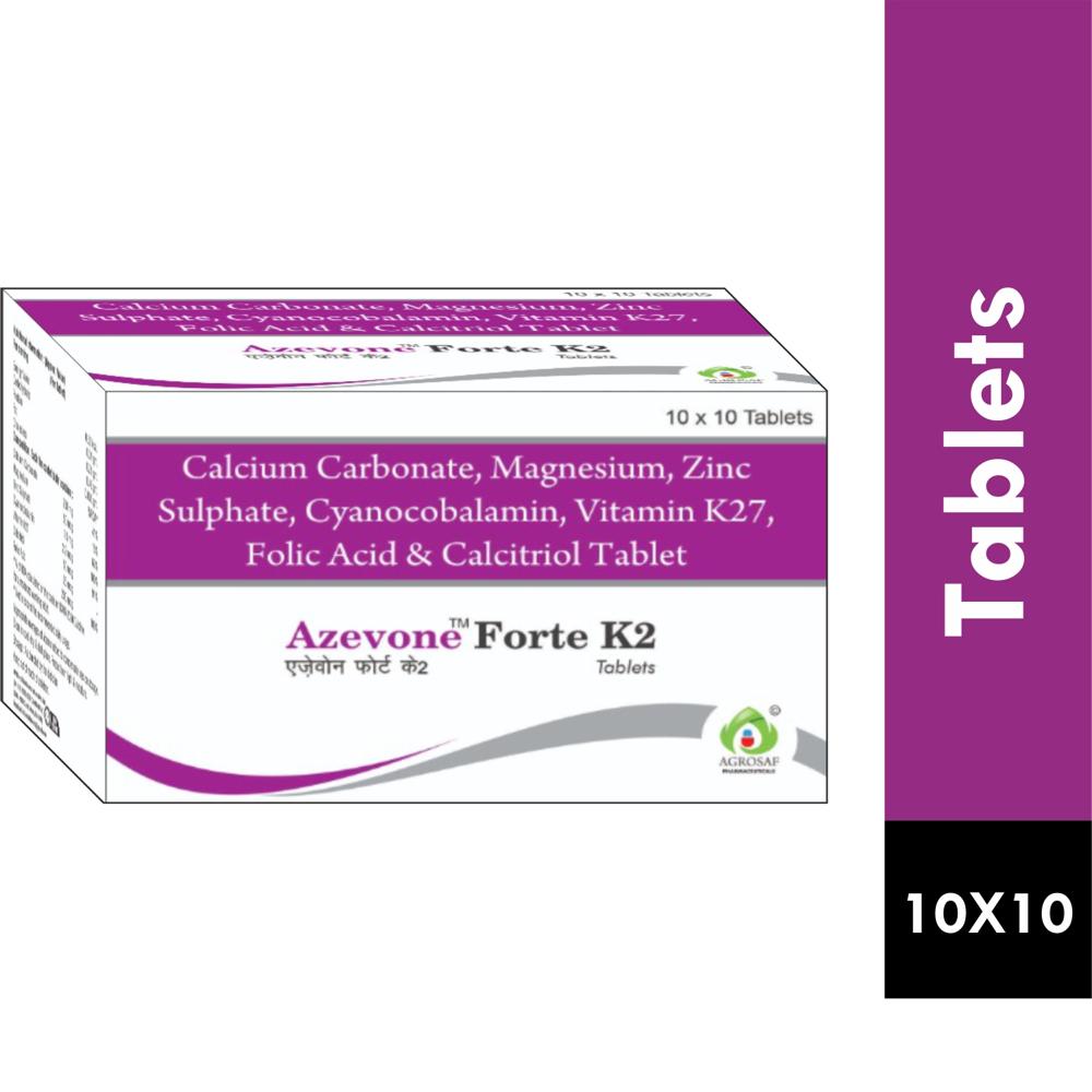 AZEVONE FORTE K2 TABLET - Calcium Carbonate, Magnesium, Zinc Sulphate, Cyanocobalamin(methycobalamin), L- Methyfolate, Vitamin K2-7, Calcitrol