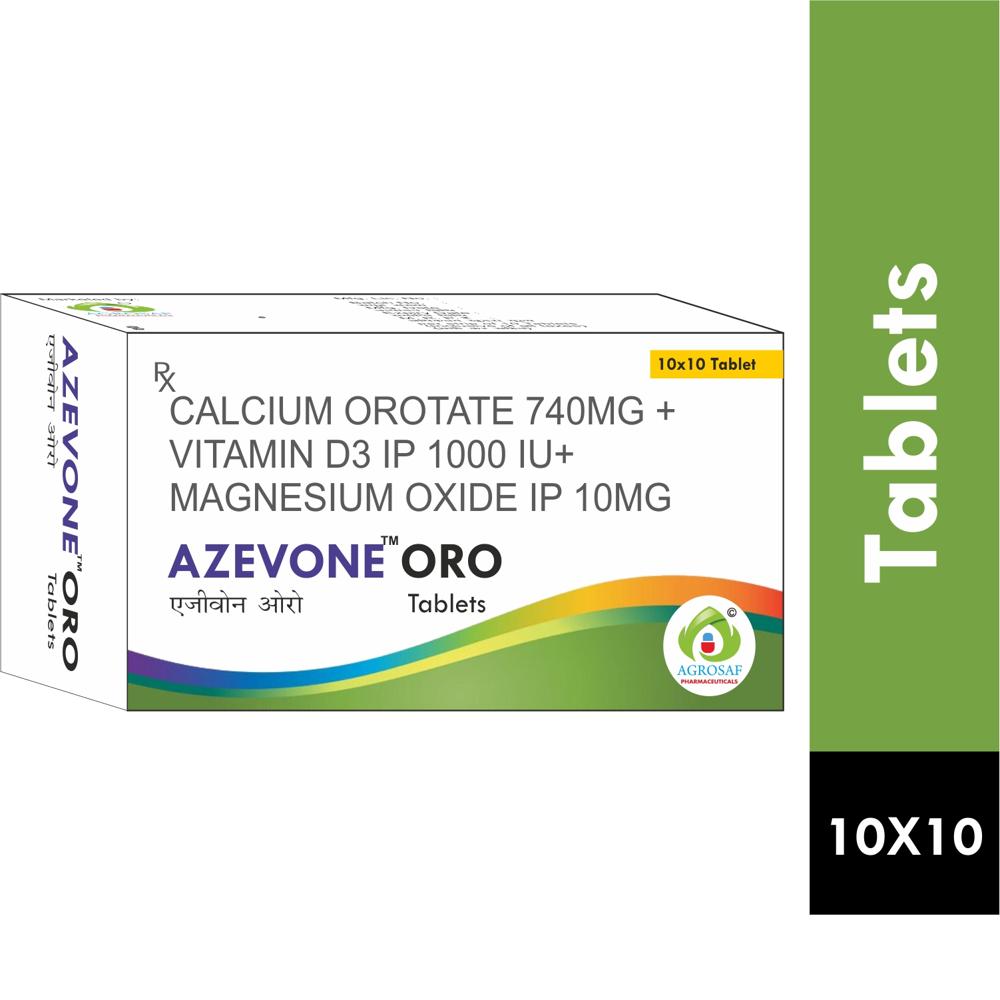 AZEVONE ORO TABLET - Each Film Coated Tablet Contains : Calcium Orotate 740 Mg , Vitamin D3 Ip 1000 Iu , Magnesium Oxide 10 Mg , Excipients Q.s.