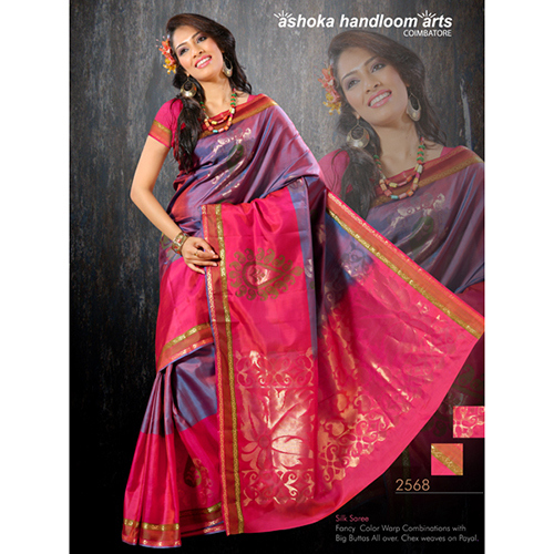 2568 Fancy Color Wrap Combination Silk Saree With Big Buttas