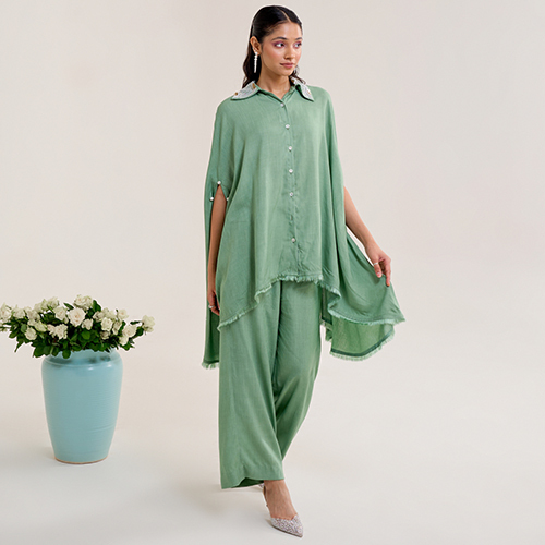 Green Embroidered Collar Kurta Set