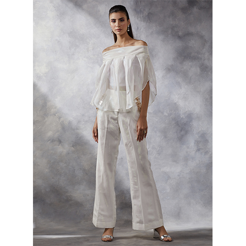 Ivory Shimmer Off-Shoulder Top And Bootleg Pants With Hand Embroidered Pockets