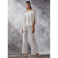 Ivory Shimmer Off-shoulder Top And Bootleg Pants With Hand Embroidered Pockets - Color: Different Available