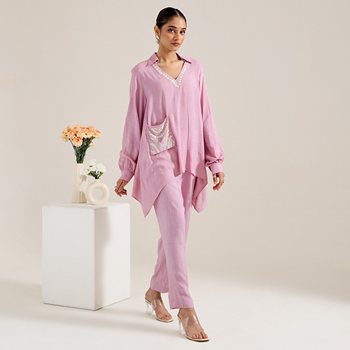 Cotton Slub Co-Ord Set With Embroidered Pocket