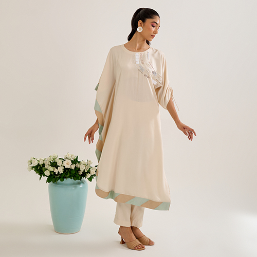 Ivory Satin Hand Embroidery Modern Kurta Set