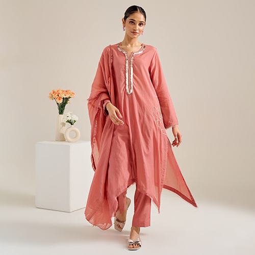 A-Line Chanderi Suit With Machine And Hand Embroidery