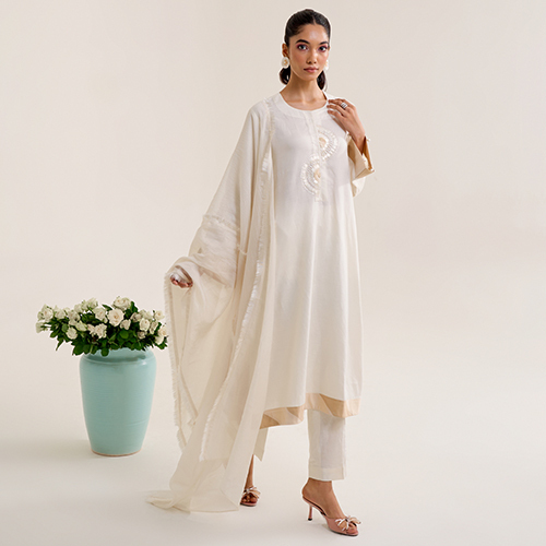 Ivory Linen Hand Embroidery Kurta Set