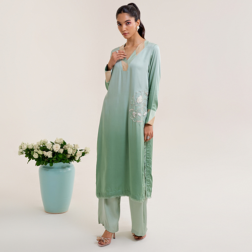 Ombre Satin Long Kurta Set With Machine And Hand Embroidery