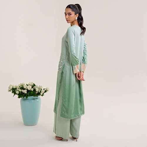 Ombre Satin Long Kurta Set With Machine And Hand Embroidery